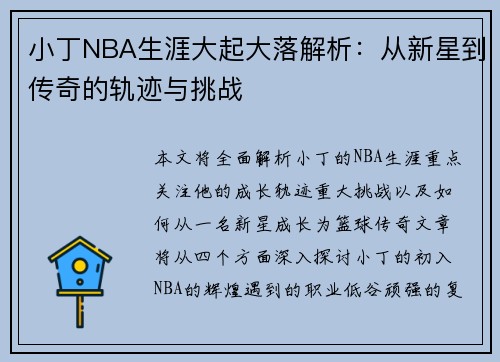 小丁NBA生涯大起大落解析：从新星到传奇的轨迹与挑战